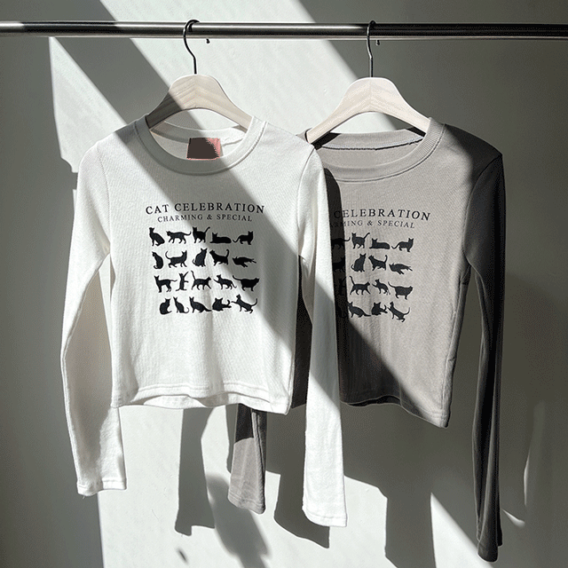 [무배] 슬림 캣 프린팅 골지 티셔츠 [2color]워너비몰