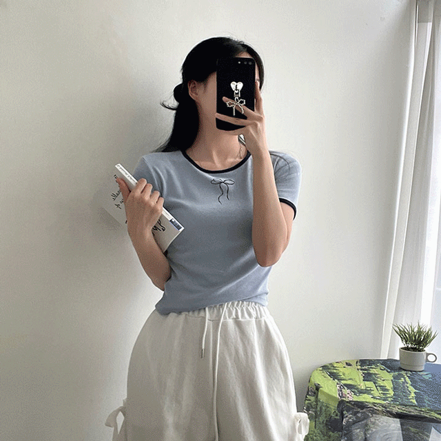 [무배] 리우 데일리 배색 리본 소프트 반팔 티셔츠 [3color]워너비몰
